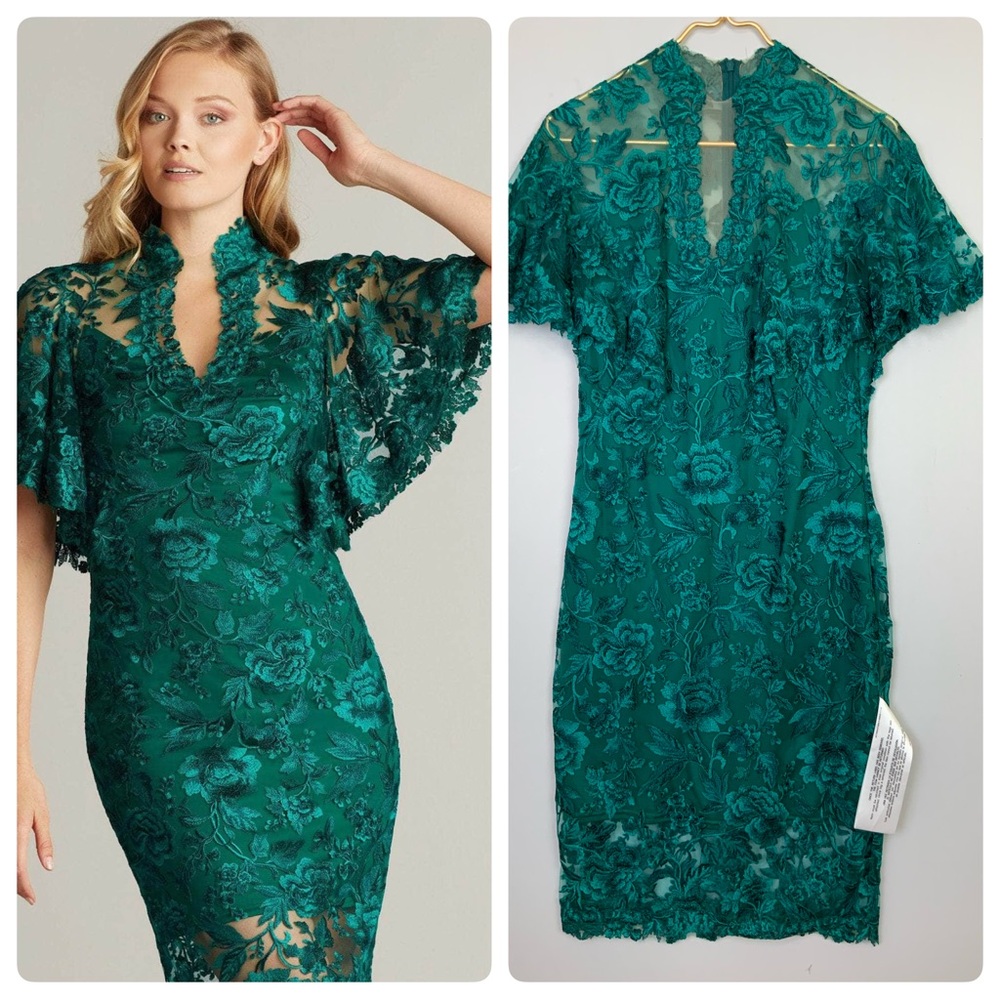 NWT Tadashi Shoji Sz 8 Cape Sleeve Green Lace Knee Length Sheath Cocktail Dress